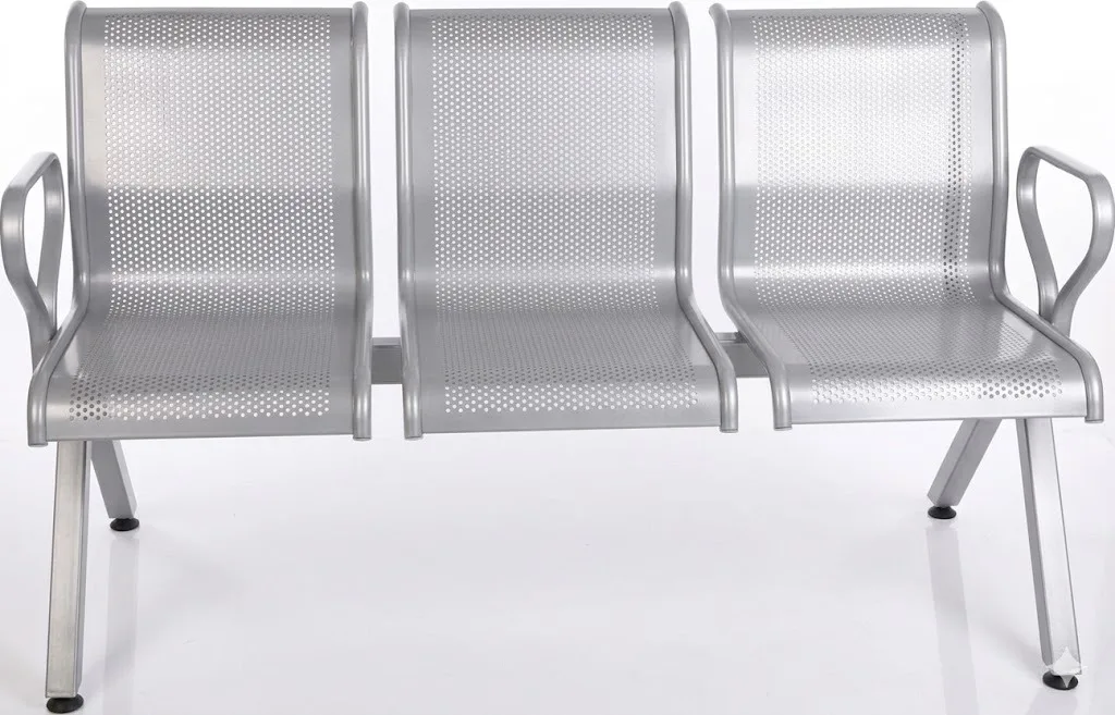 Üçlü kolçaklı döşemesiz delikli sac bekleme koltuğu — hastane, terminal, yüzme havuzu ve spor salonu bekleme alanları için kolçaklı kolay temizlenen metal bekleme koltuğu